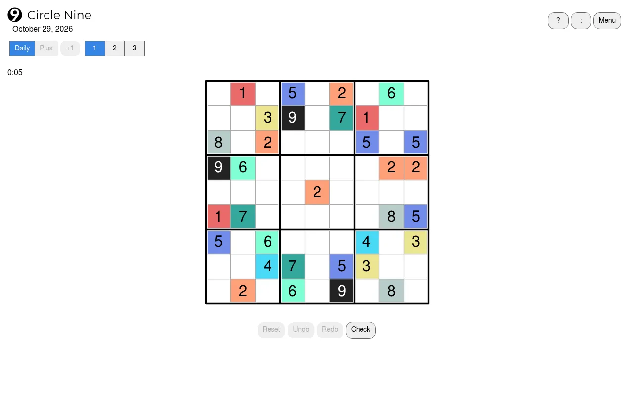 Circle Nine daily puzzle for October 29, 2026, level 1: a 9 by 9 grid of digits in coloured cells, with level tabs above and Check below