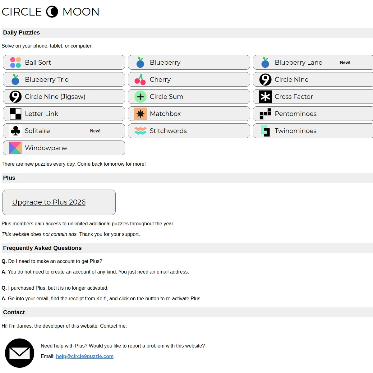 The Circle Moon home page listing its sixteen daily puzzle types, from Ball Sort and Blueberry to Twinominoes and Windowpane, above the Plus upgrade