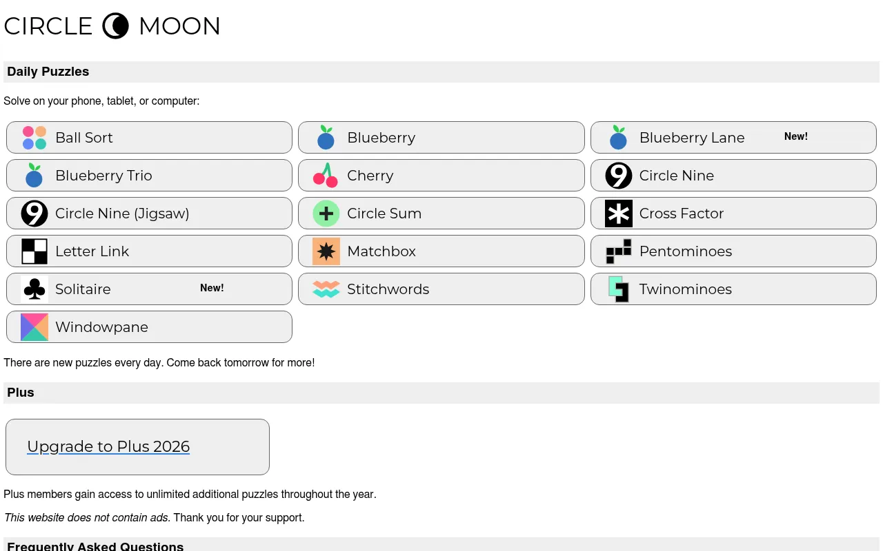 Circle Moon home page: the daily puzzle list from Ball Sort, Blueberry and Cherry to Circle Nine, Cross Factor, Letter Link, Stitchwords and Windowpane, above the Plus upgrade