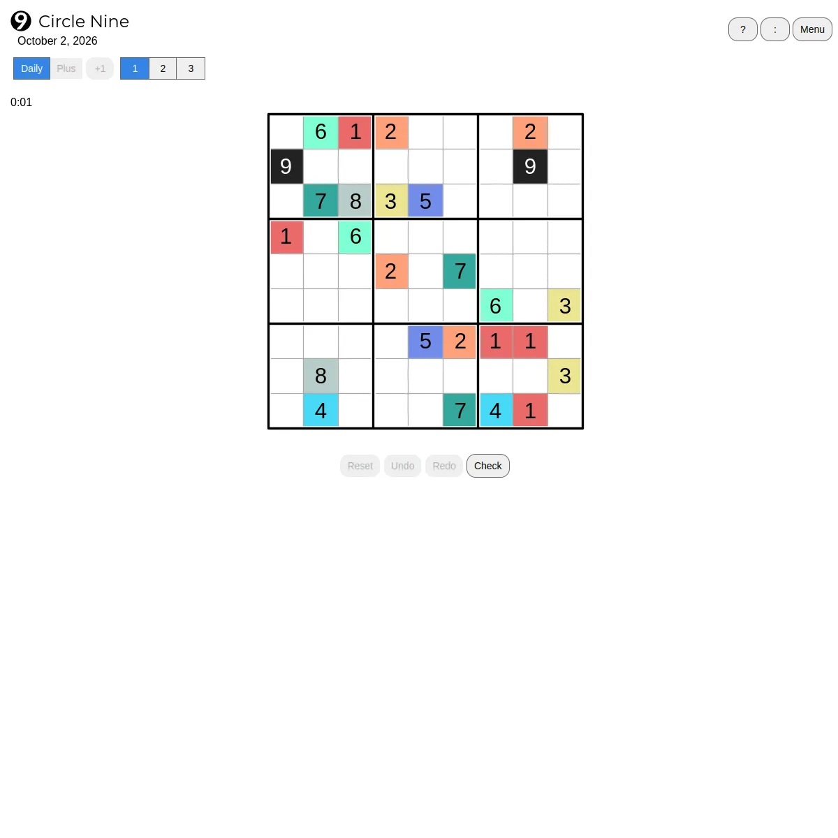 The Circle Nine daily puzzle for October 2, 2026: a 9 by 9 grid of digits with some numbers circled in colour, level buttons 1 to 3 and Reset, Undo, Redo and Check buttons