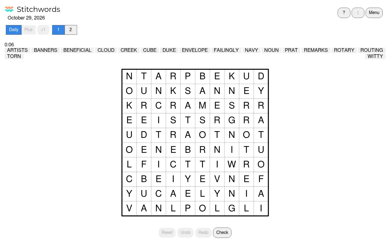 Stitchwords daily puzzle for October 29, 2026: a 10 by 10 letter grid under a list of seventeen words to find, from ARTISTS to WITTY