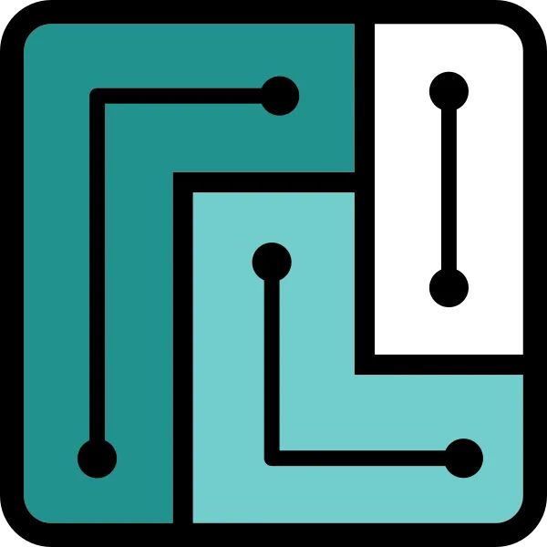 Circuitos icon: teal blocks with black lines joining pairs of dots