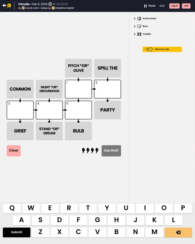 A Circuits board on Puzzmo with clue boxes linked by arrows to empty boxes
