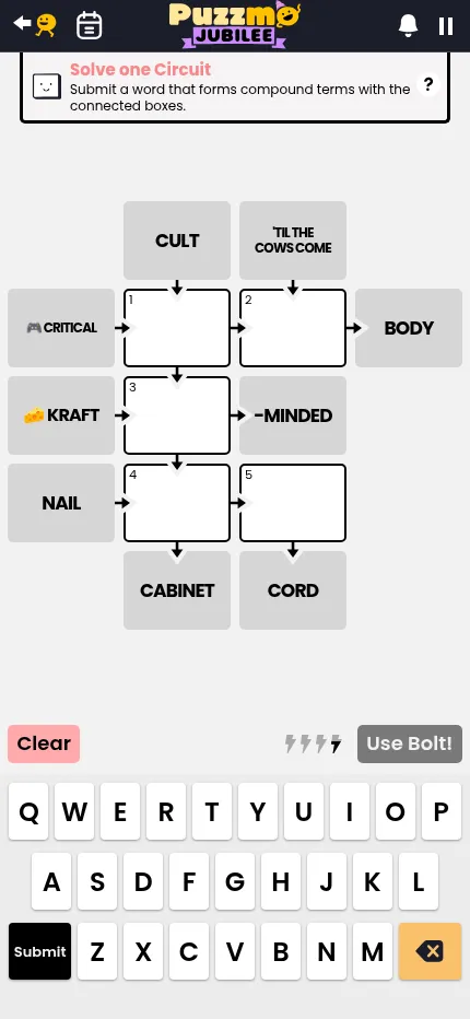 The same Circuits board of 21 Oct 2026 at phone size, with the five empty boxes, the Bolts and Puzzmo's on-screen keyboard