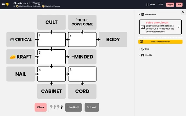 Circuits board for 21 Oct 2026 on Puzzmo at desktop size: clue boxes CULT, CRITICAL, KRAFT, NAIL, BODY, -MINDED, CABINET and CORD linked by arrows to five empty boxes