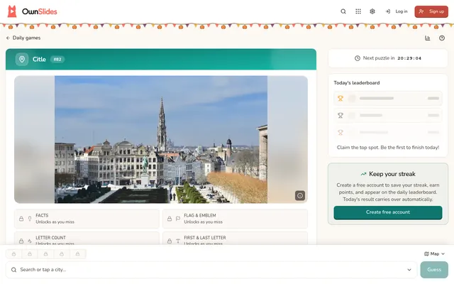 Citle #82 on OwnSlides: a photograph of a city square below a tall Gothic spire, locked hint cards for facts, flag and emblem, letter count and first and last letter, a city search box with Guess, and