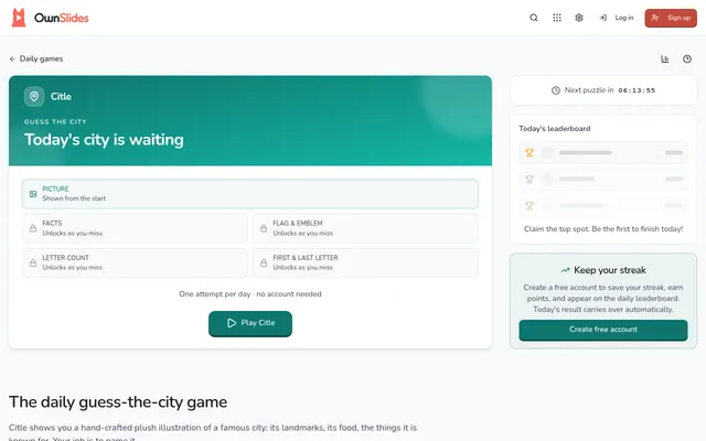 The Citle start screen: today's city is waiting, with hint cards for picture, facts, flag and emblem, letter count and first and last letter, and a Play Citle button
