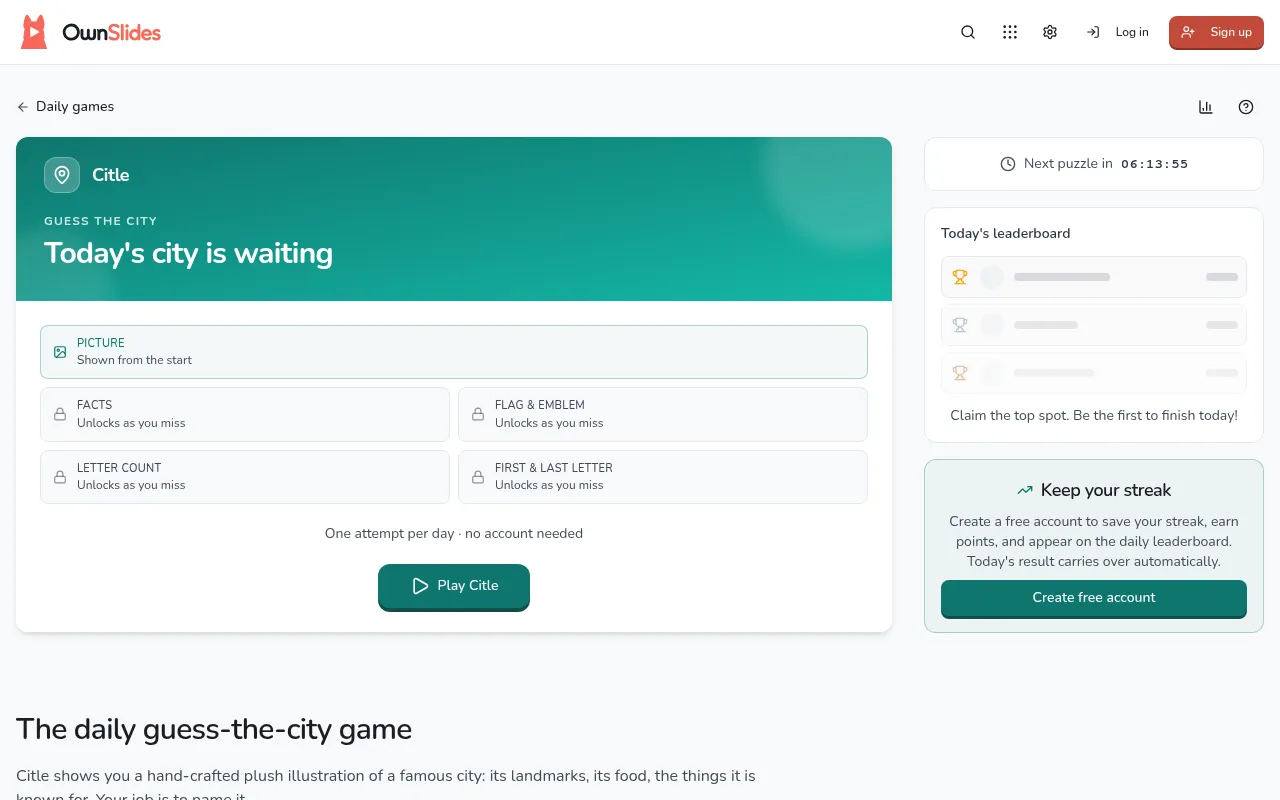 The Citle start screen: today's city is waiting, with hint cards for picture, facts, flag and emblem, letter count and first and last letter, and a Play Citle button