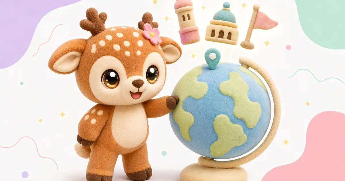 Citle's share art: a plush fawn beside a felt globe with a map pin and small plush towers