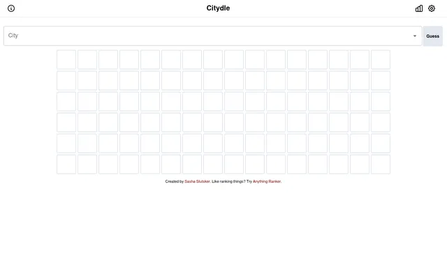 Citydle's empty daily board: a City box with a Guess button above six rows of blank Wordle-style tiles