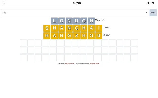 Citydle's board mid-game: London in grey tiles 5762 mi off, then Shanghai and Hangzhou in yellow tiles 220 and 121 mi away with arrows pointing south-west