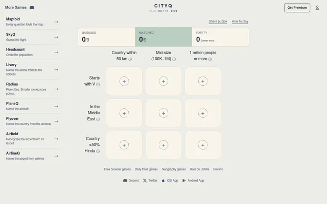 CityQ #224 for Sun Oct 18: an empty 3x3 grid with columns Country within 50 km, Mid-size and 1 million people or more, and rows Starts with V, In the Middle East and Country over 50% Hindu
