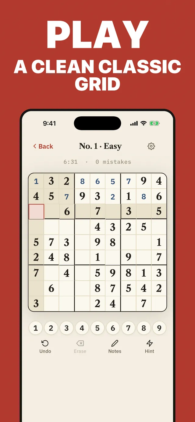 A Claire's Sudoku grid, No. 1 Easy, partly filled with a timer, zero mistakes and the number pad below