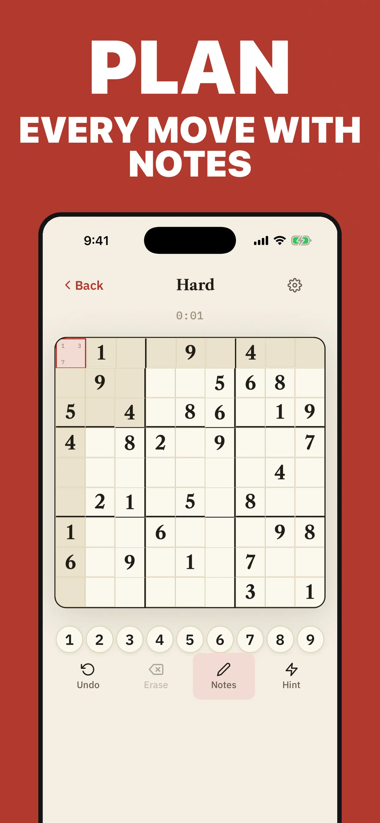 A Hard sudoku in Claire's Sudoku with pencil notes in the top corner square and Notes mode on