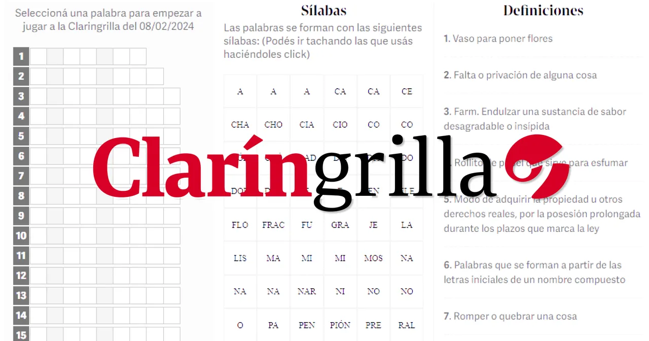 Claringrilla logo over the puzzle: numbered empty rows, a table of syllables and a list of definitions