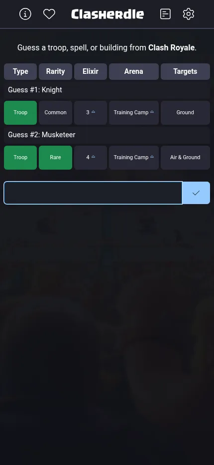 Clasherdle at phone size with two Clash Royale guesses, Knight and Musketeer, and their attribute rows above the guess box