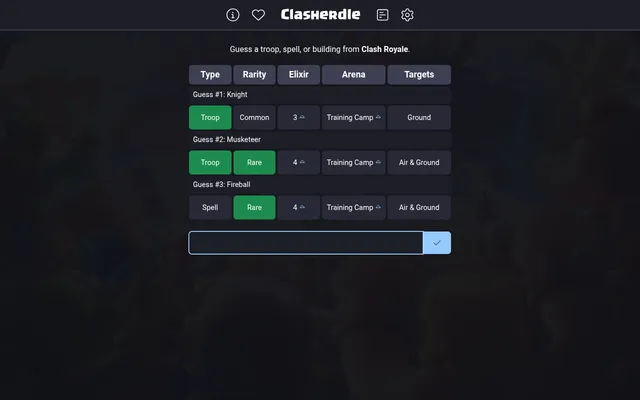 Clasherdle's Clash Royale board mid-game: guesses Knight, Musketeer and Fireball with type, rarity, elixir, arena and targets compared, green where they match the day's card