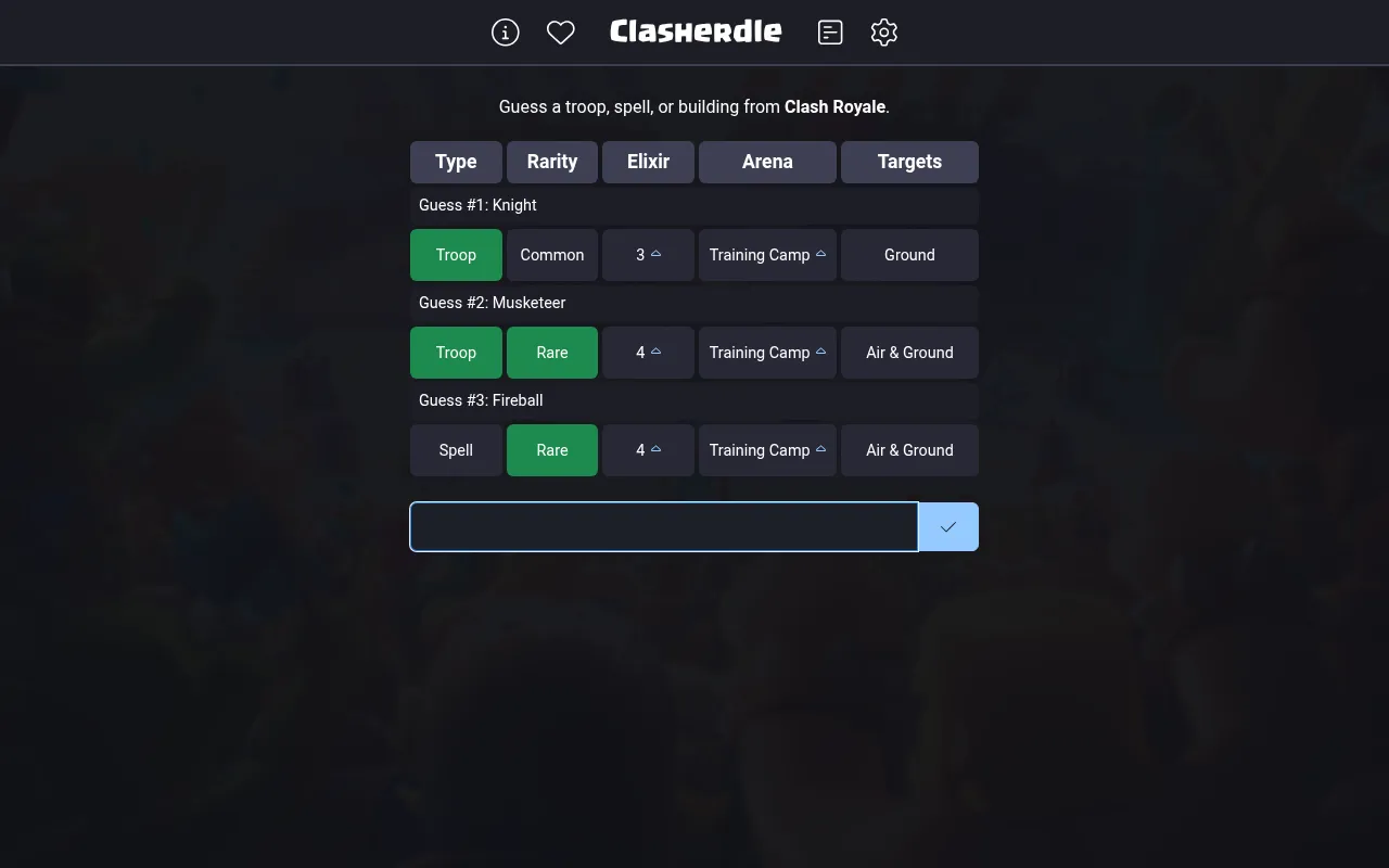 Clasherdle's Clash Royale board mid-game: guesses Knight, Musketeer and Fireball with type, rarity, elixir, arena and targets compared, green where they match the day's card