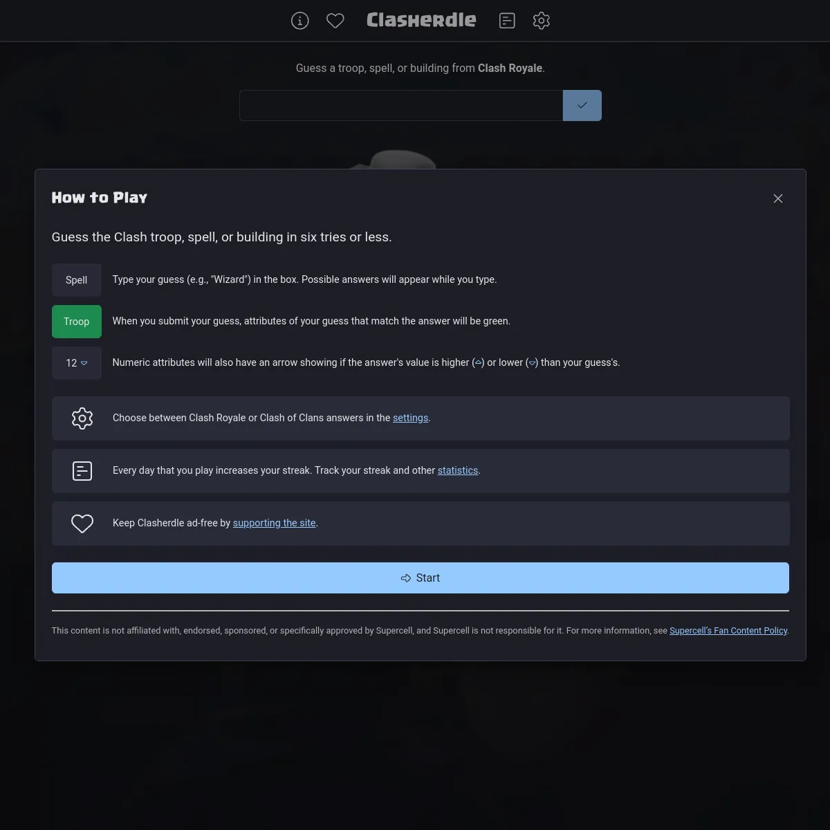 Clasherdle set to Clash Royale, with a guess box and a How to Play panel explaining that you guess a troop, spell or building in six tries, matching attributes turn green, numeric attributes show high