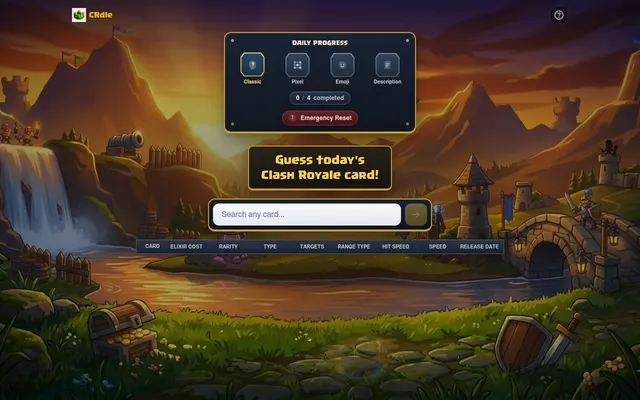CRdle Classic mode: Guess today's Clash Royale card, a card search box, the comparison columns from elixir cost to release date, and a Daily Progress panel for Classic, Pixel, Emoji and Description