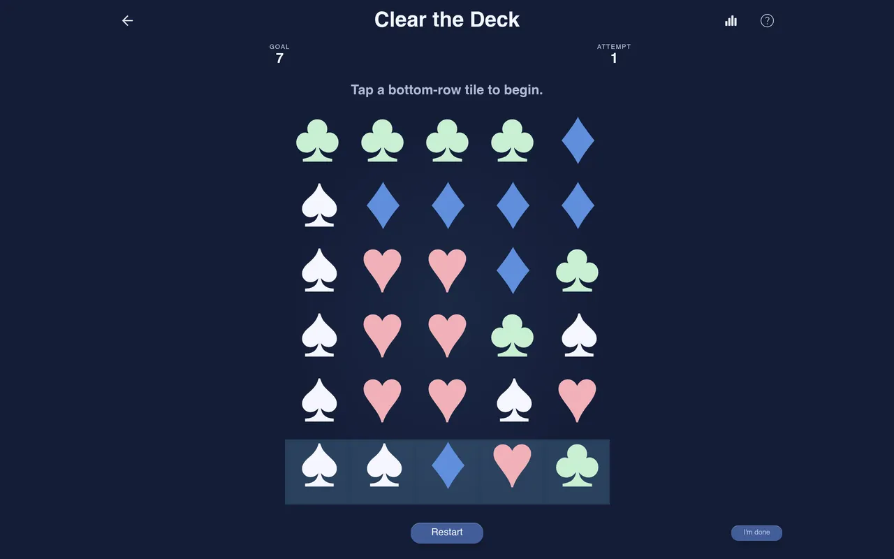 A Clear the Deck board on a dark navy background: five columns and six rows of clubs, spades, diamonds and hearts with the bottom row highlighted, Goal 7 and Attempt 1 at the top and a Restart button
