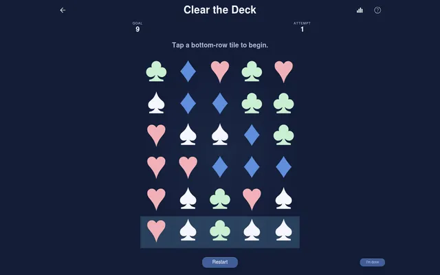 The 28 October 2026 Clear the Deck board on desktop: five columns and six rows of hearts, spades, diamonds and clubs, Goal 9 and Attempt 1 above it, Restart below