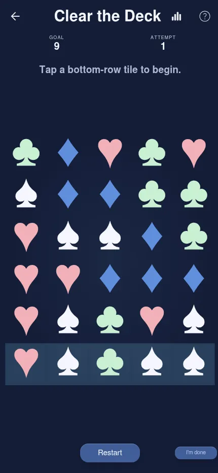 Clear the Deck on a phone: the same day's board of card suits fills the narrow screen, with the highlighted bottom row and the Restart and I'm done buttons