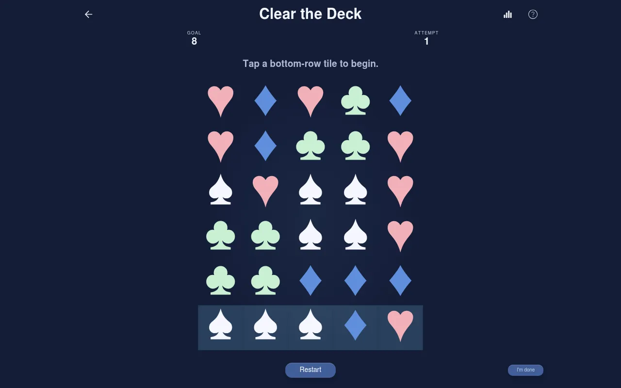 A Clear the Deck board: five columns and six rows of hearts, diamonds, clubs and spades with the bottom row highlighted, Goal 8 and Attempt 1 at the top and a Restart button
