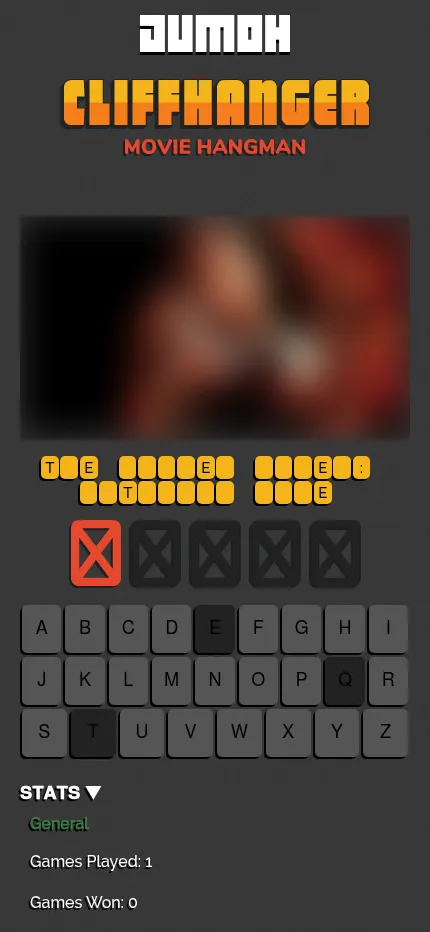 Cliffhanger at phone size mid-game: the title partly filled with T and E, one red X for a miss, and the A to Z letter keyboard below