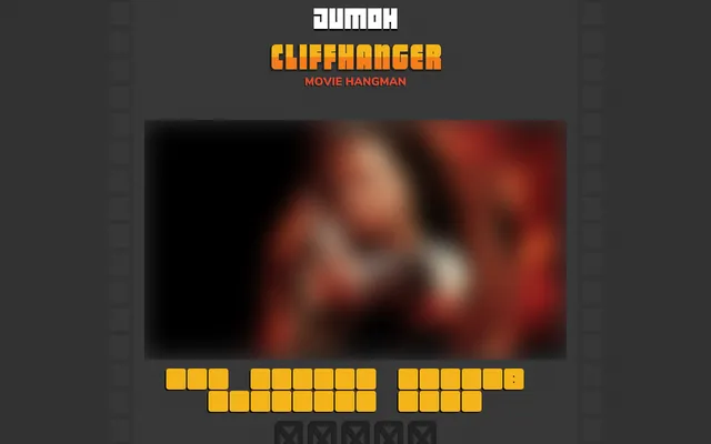 Cliffhanger's board on a desktop: a blurred film still above rows of yellow blank letter tiles for the day's title and five empty miss boxes