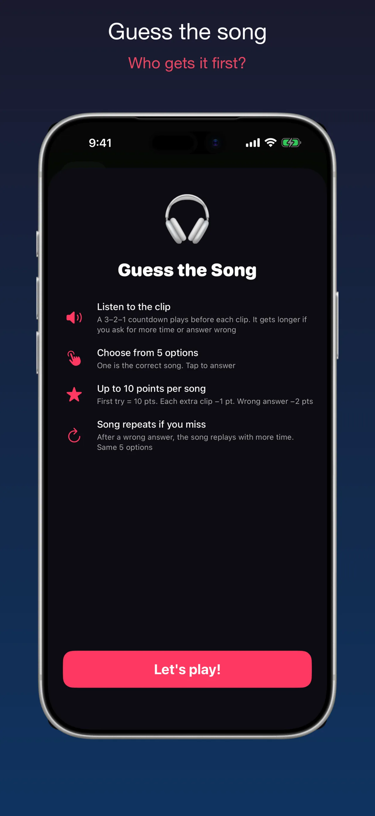 Clipingo's Guess the Song rules: listen to the clip, choose from five options, up to 10 points per song