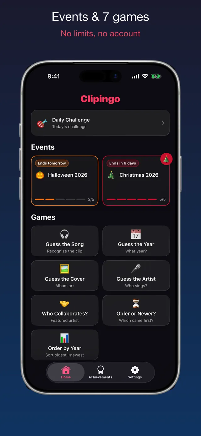Clipingo's home screen with the Daily Challenge, Halloween and Christmas events and seven game modes