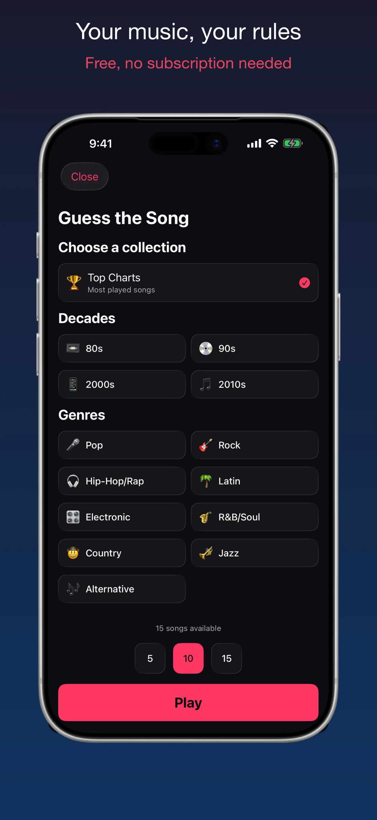 Clipingo's collection picker for Guess the Song with decades and genres