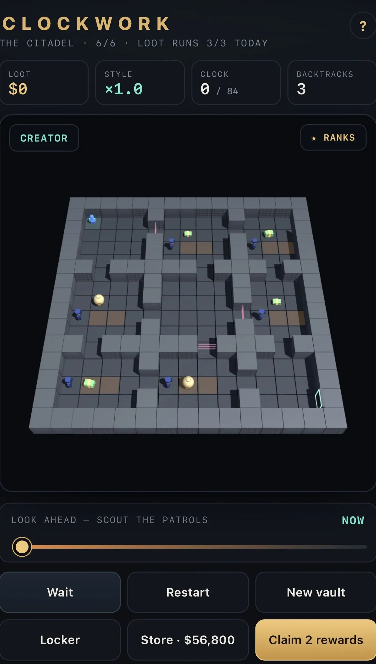 Clockwork vault seen in 3D from above: grey walls, blue guards, bags of loot and laser lines, with loot, style, clock 0 of 84 and backtracks counters, a look-ahead slider and Wait and Restart buttons