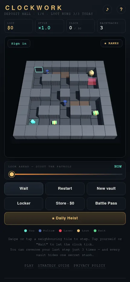 Clockwork at phone size: the Deposit Hall vault board fills the screen above the look-ahead slider and the Wait, Restart and Daily Heist buttons