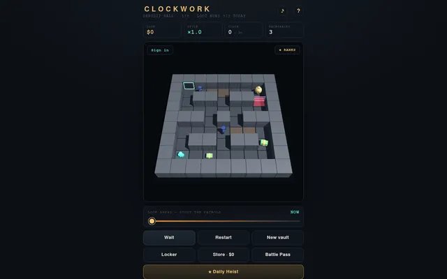 Clockwork's Deposit Hall vault in 3D at desktop size: grey walls, two blue guards, loot, a laser, the look-ahead slider and Wait, Restart, New vault and Daily Heist buttons
