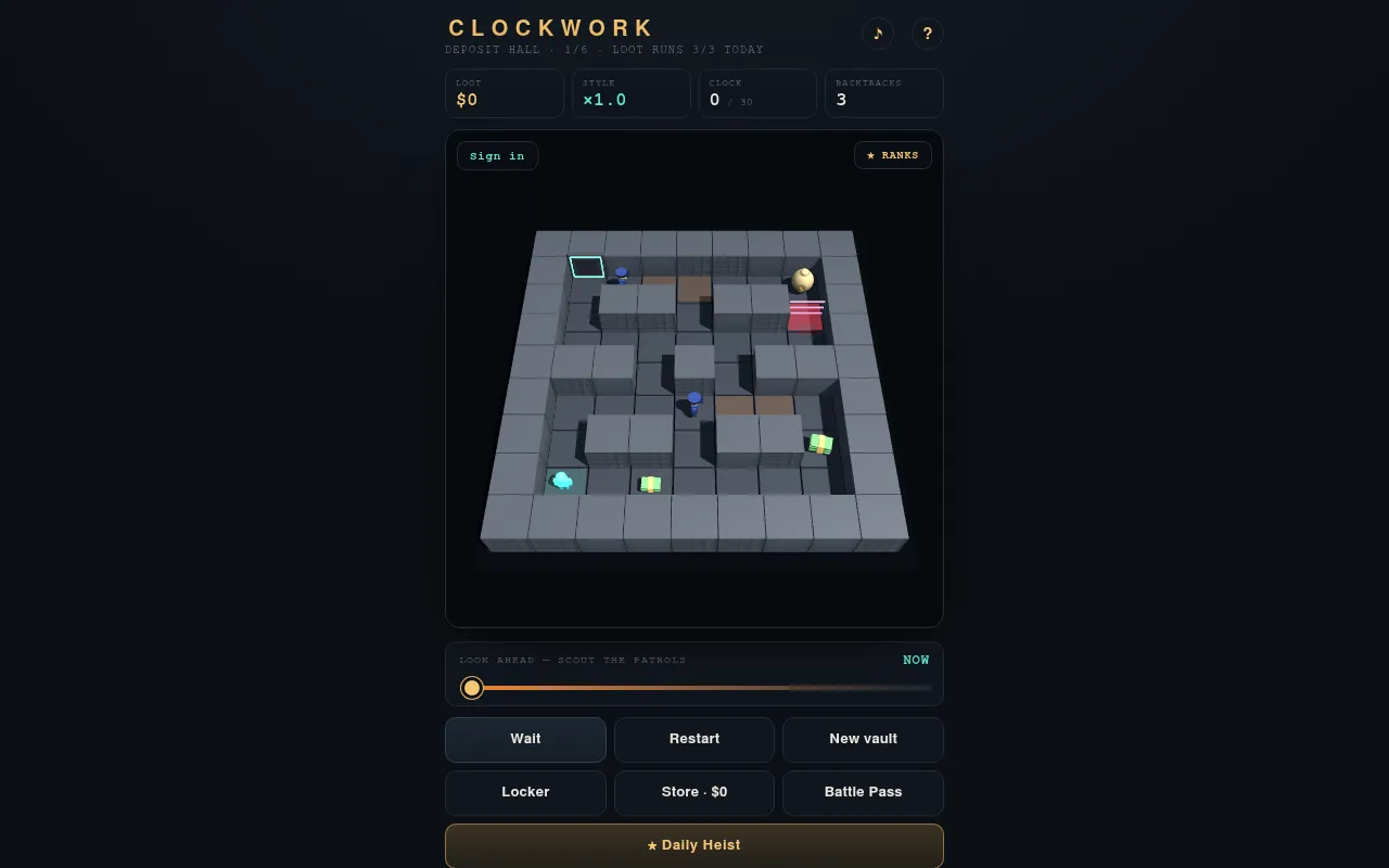 Clockwork's Deposit Hall vault in 3D at desktop size: grey walls, two blue guards, loot, a laser, the look-ahead slider and Wait, Restart, New vault and Daily Heist buttons