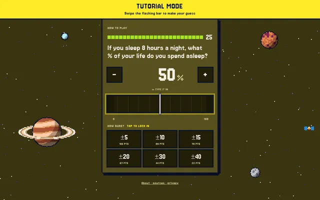 A Close Enough round in tutorial mode: a sleep question with a 25-second timer, a guess of 50% on a slider, and How sure buttons from plus or minus 5 to 40