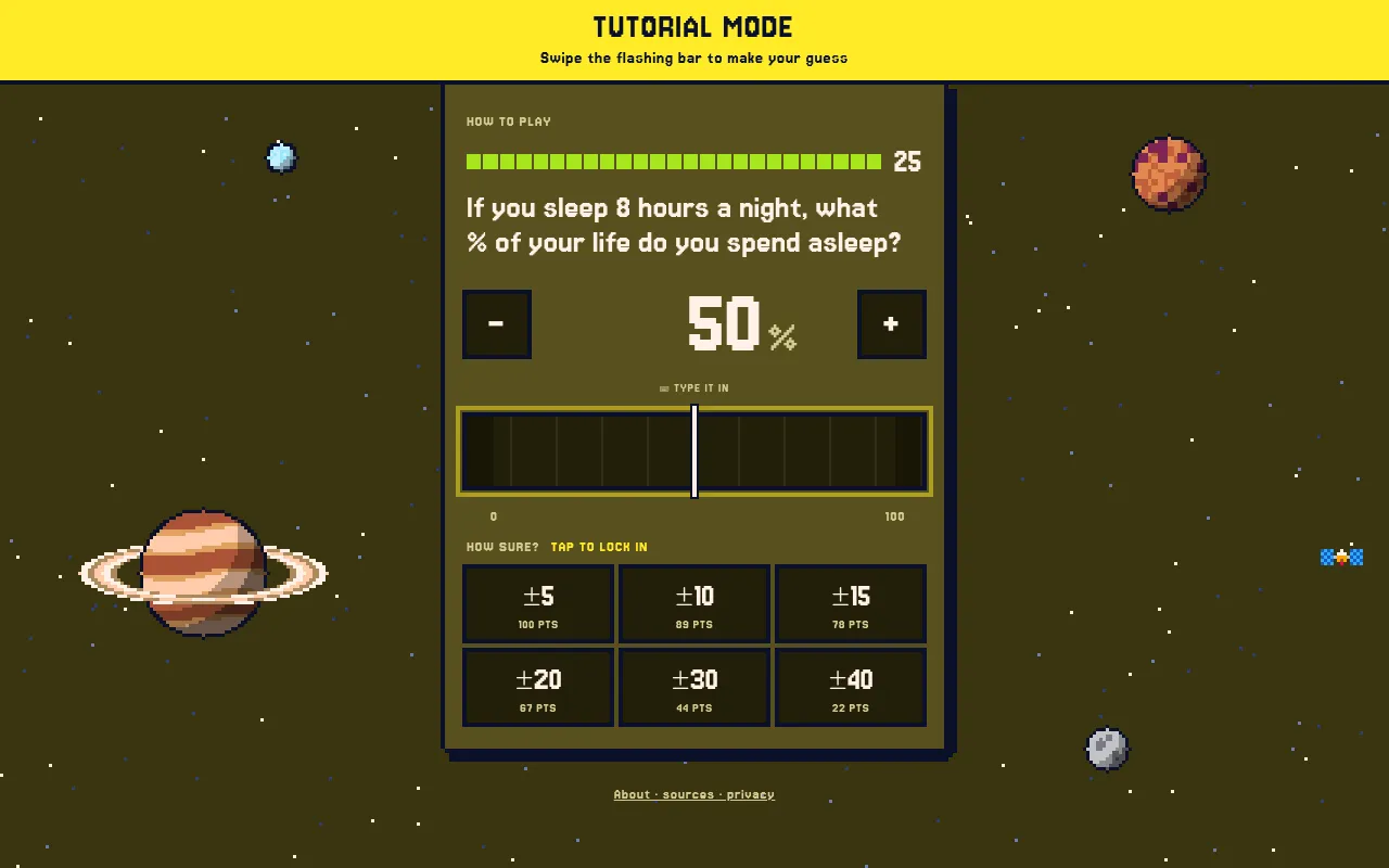 A Close Enough round in tutorial mode: a sleep question with a 25-second timer, a guess of 50% on a slider, and How sure buttons from plus or minus 5 to 40