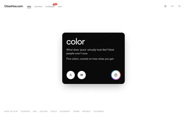 Close Hue's daily start card: color, What does puce actually look like?, five colors scored on how close you get, with solo, multiplayer and calendar buttons