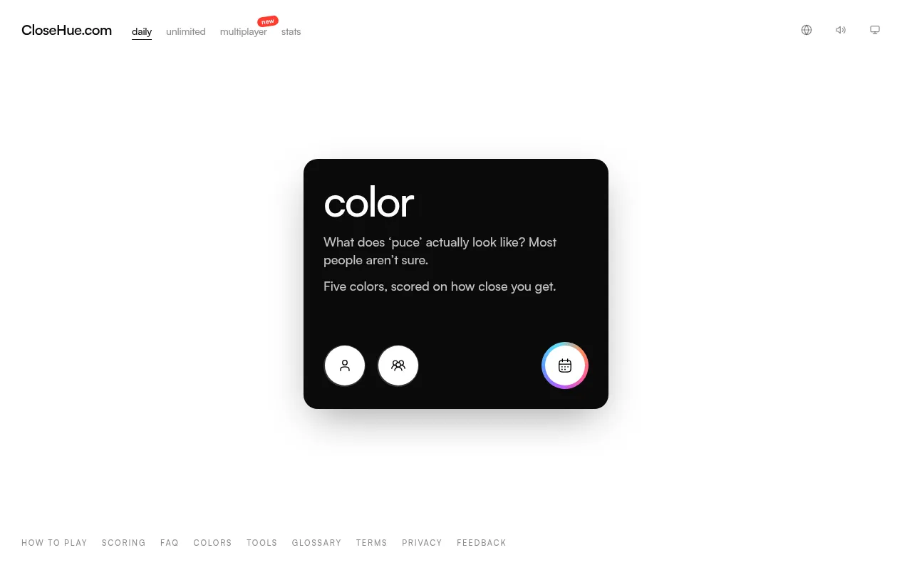 Close Hue's daily start card: color, What does puce actually look like?, five colors scored on how close you get, with solo, multiplayer and calendar buttons