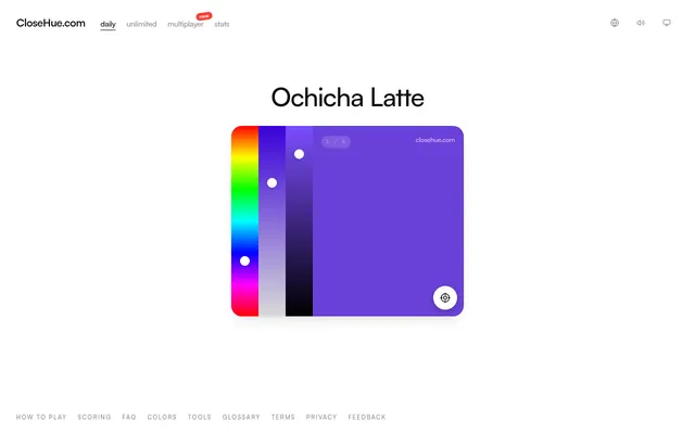 Close Hue daily round 1 of 5: the colour name Ochicha Latte above a card with hue, saturation and brightness sliders and the player's current pick (a violet), with a target button to lock it in
