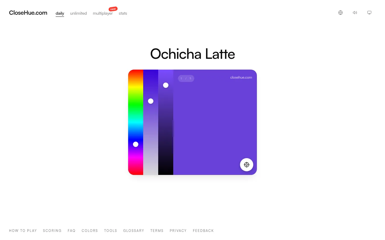 Close Hue daily round 1 of 5: the colour name Ochicha Latte above a card with hue, saturation and brightness sliders and the player's current pick (a violet), with a target button to lock it in