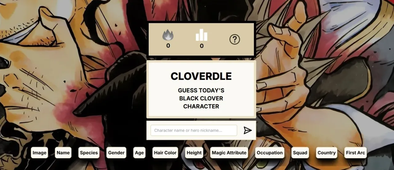 The Cloverdle start screen: Guess today's Black Clover character, a name box and the attribute columns over Black Clover art