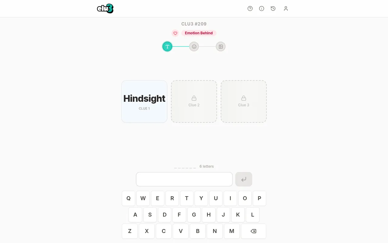 Clu3 #209 on desktop: the Emotion Behind mechanic, the word clue Hindsight with the emoji and image clues locked, and the on-screen keyboard