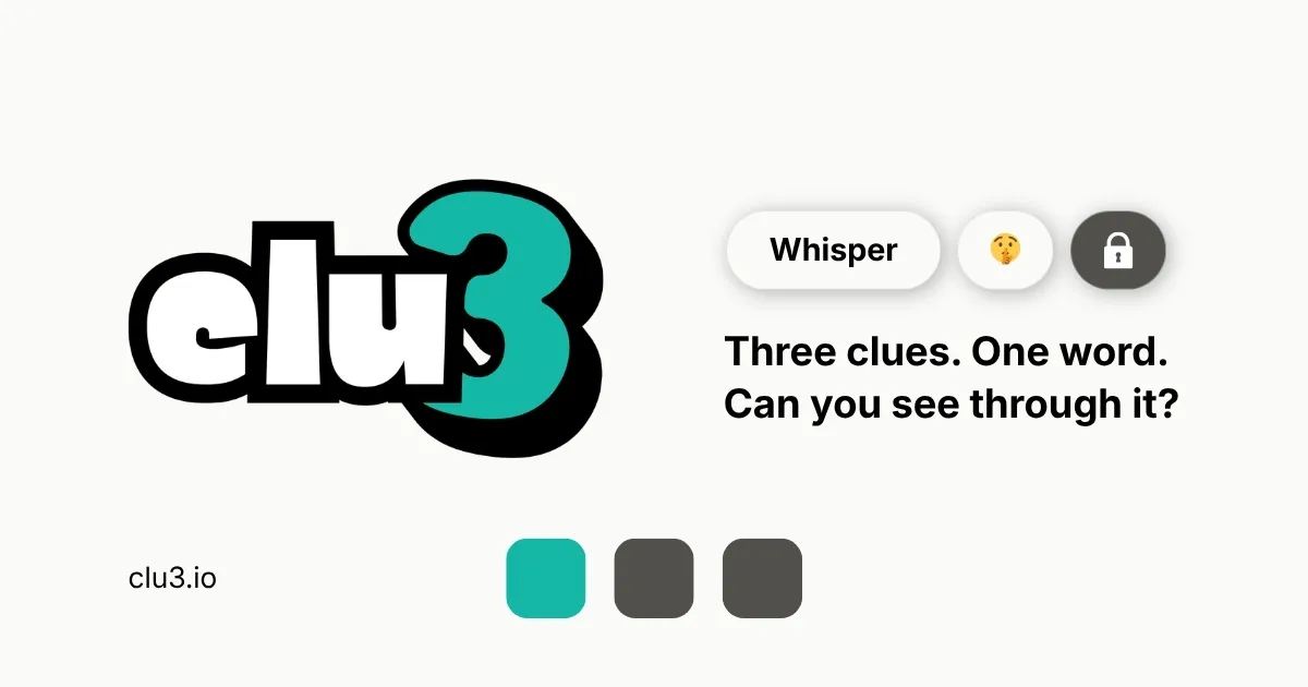 Clu3's card: the clu3 logo beside the clues Whisper, a shushing face emoji and a locked image clue, with three guess squares