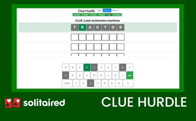 Clue Hurdle's board with the clue Land-reclamation machines, a first guess TRACTOR in grey and green tiles, and the keyboard with a Hint key