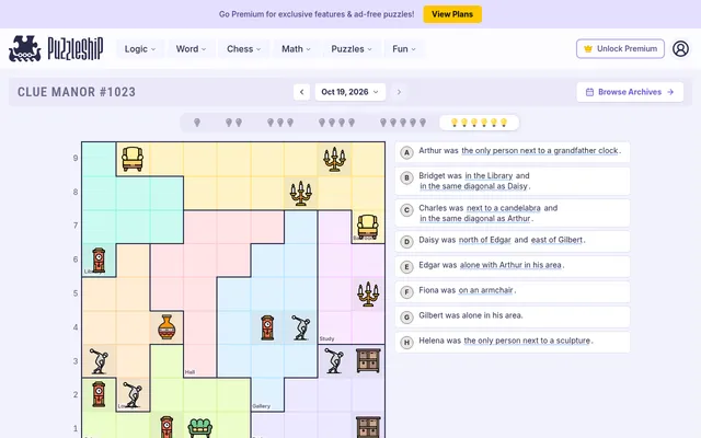Clue Manor #1023 ultra hard floor plan on desktop: a 9 by 9 manor of coloured rooms with clocks, candelabras and sculptures, beside eight guest statements