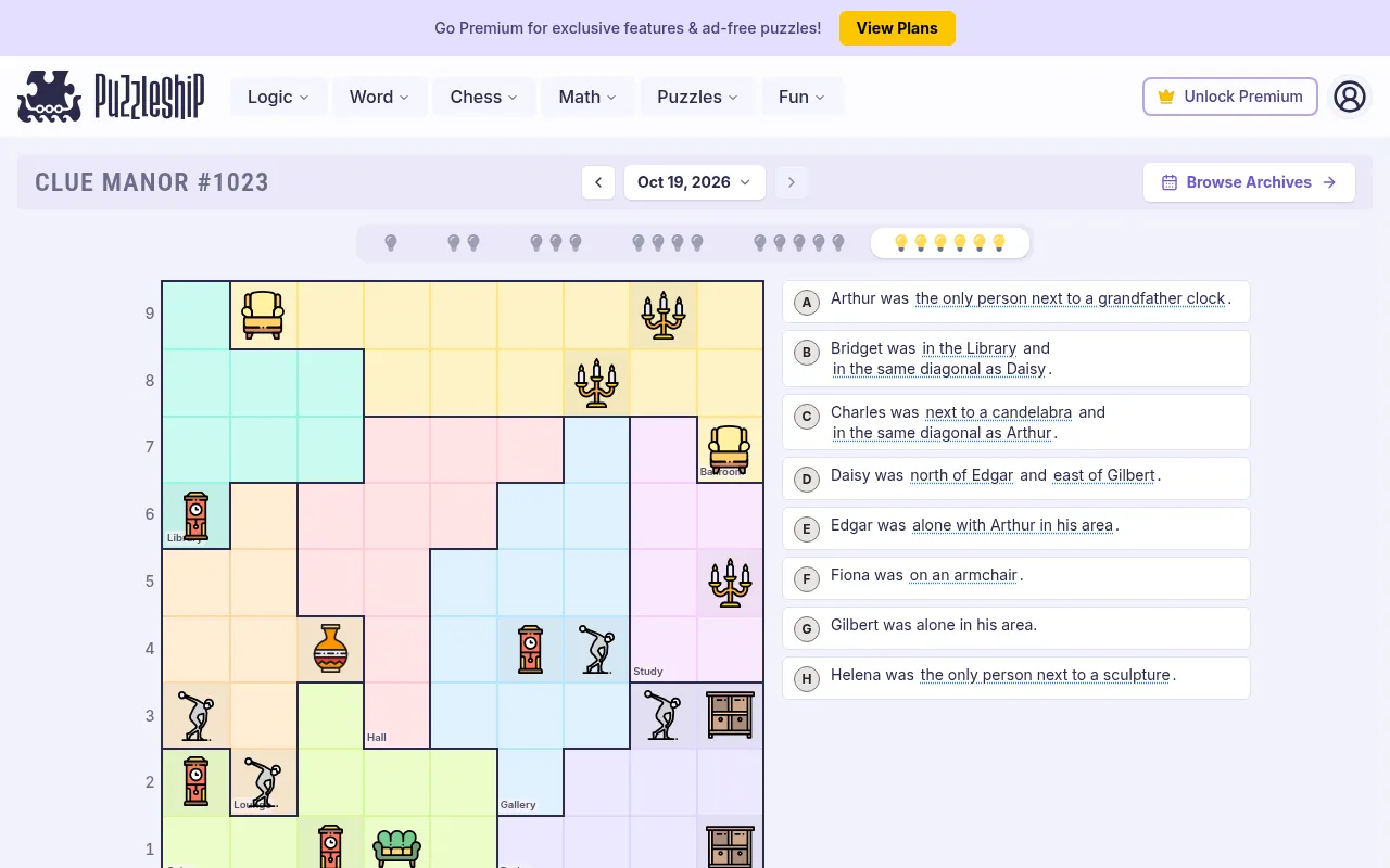 Clue Manor #1023 ultra hard floor plan on desktop: a 9 by 9 manor of coloured rooms with clocks, candelabras and sculptures, beside eight guest statements