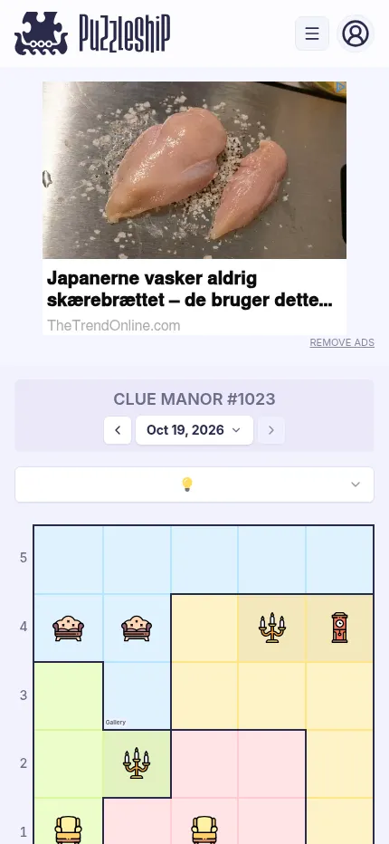 Clue Manor #1023 on a phone: a display ad above the 5 by 5 very easy floor plan